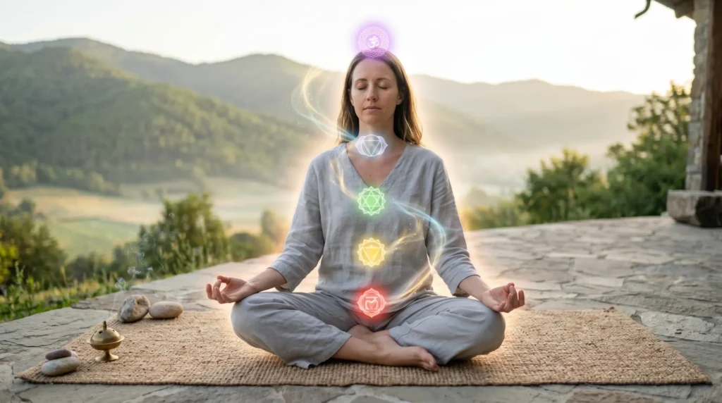 Colorful chakra symbols arranged from root to crown, showing the seven chakra colors, sacred lotus shapes, geometric designs, and spiritual energy centers used for meditation, healing, self-awareness, and inner balance.