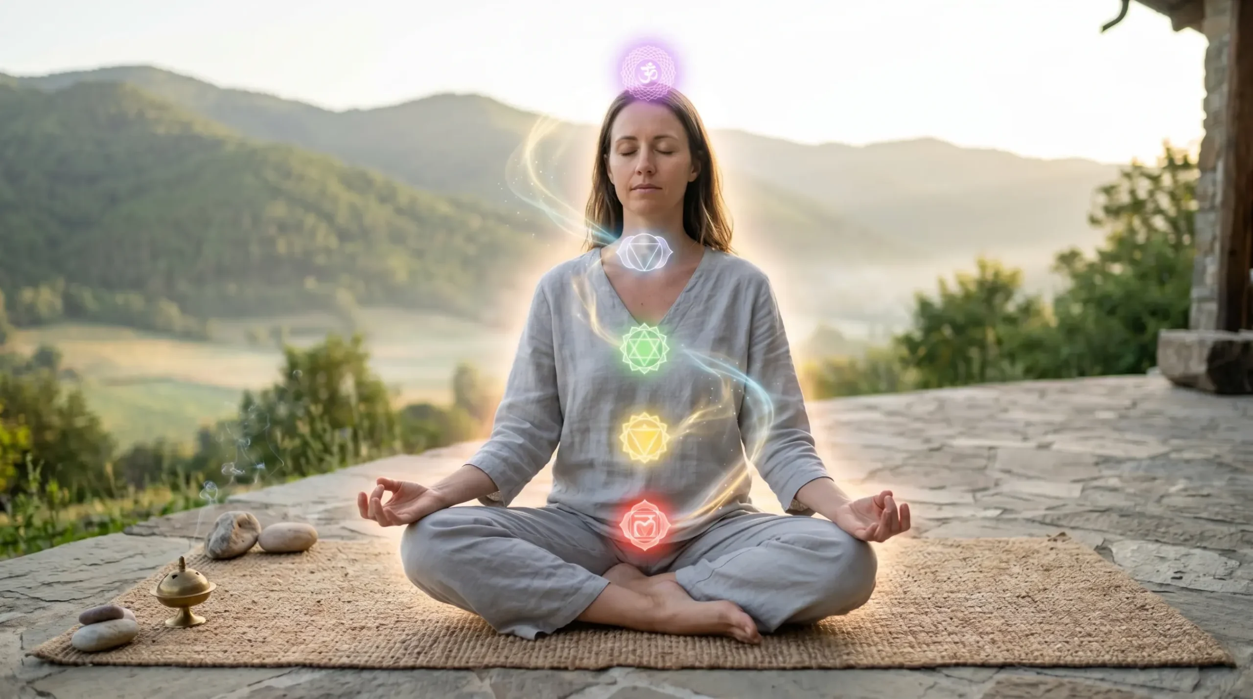 Colorful chakra symbols arranged from root to crown, showing the seven chakra colors, sacred lotus shapes, geometric designs, and spiritual energy centers used for meditation, healing, self-awareness, and inner balance.