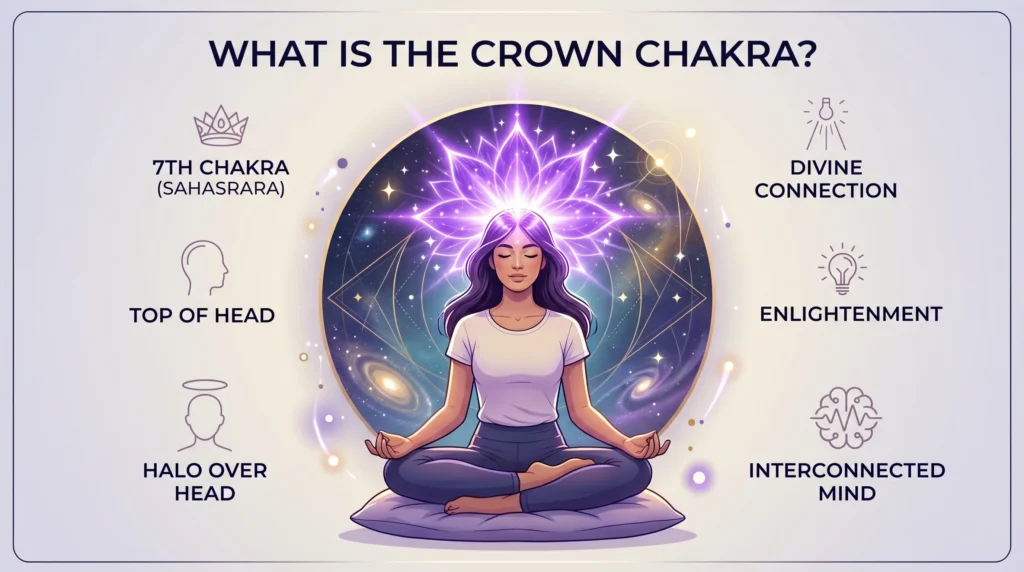 A peaceful person meditating with violet and white light above the top of the head, symbolizing the crown chakra, spiritual connection, and inner awareness.
