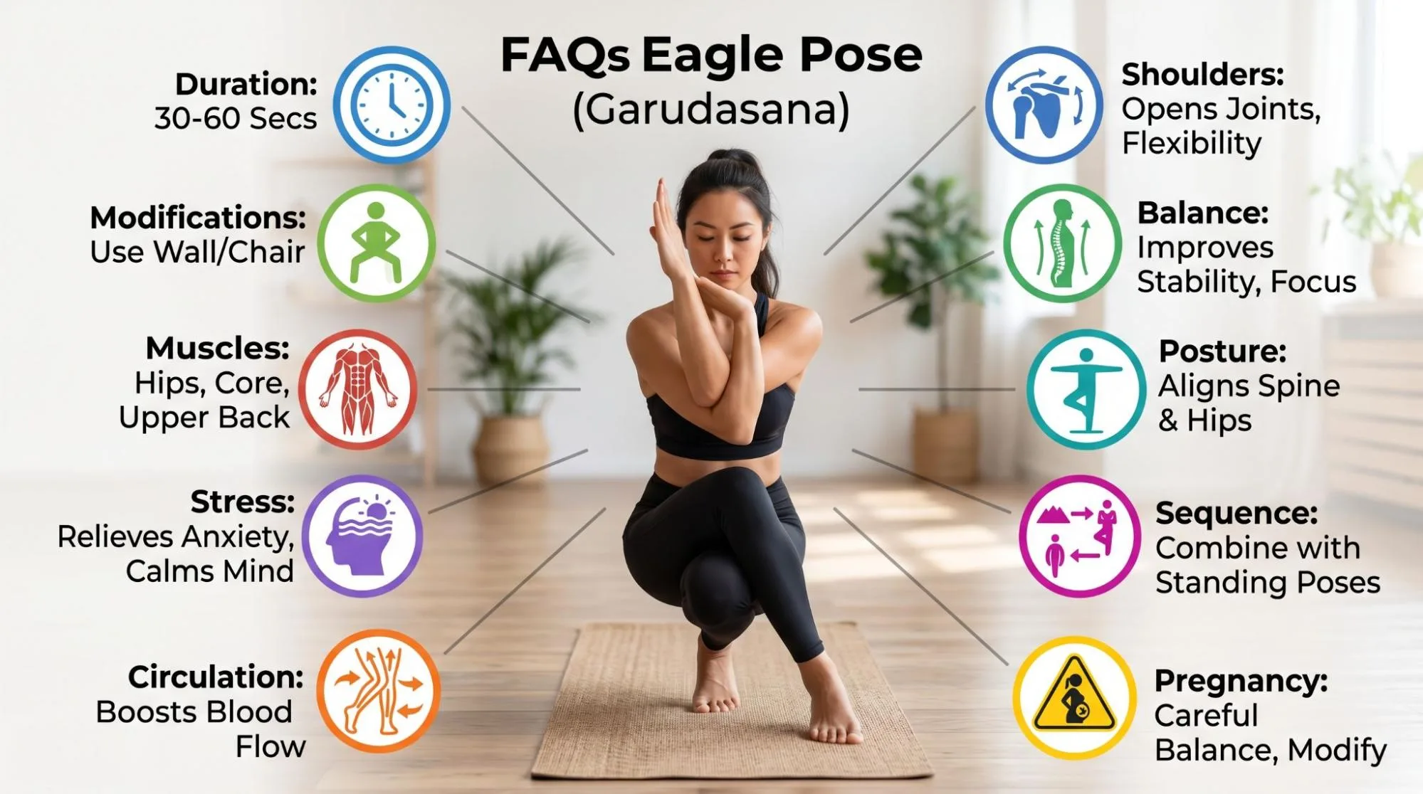 Eagle Pose yoga benefits and steps demonstration by a woman practicing Garudasana for balance and flexibility.