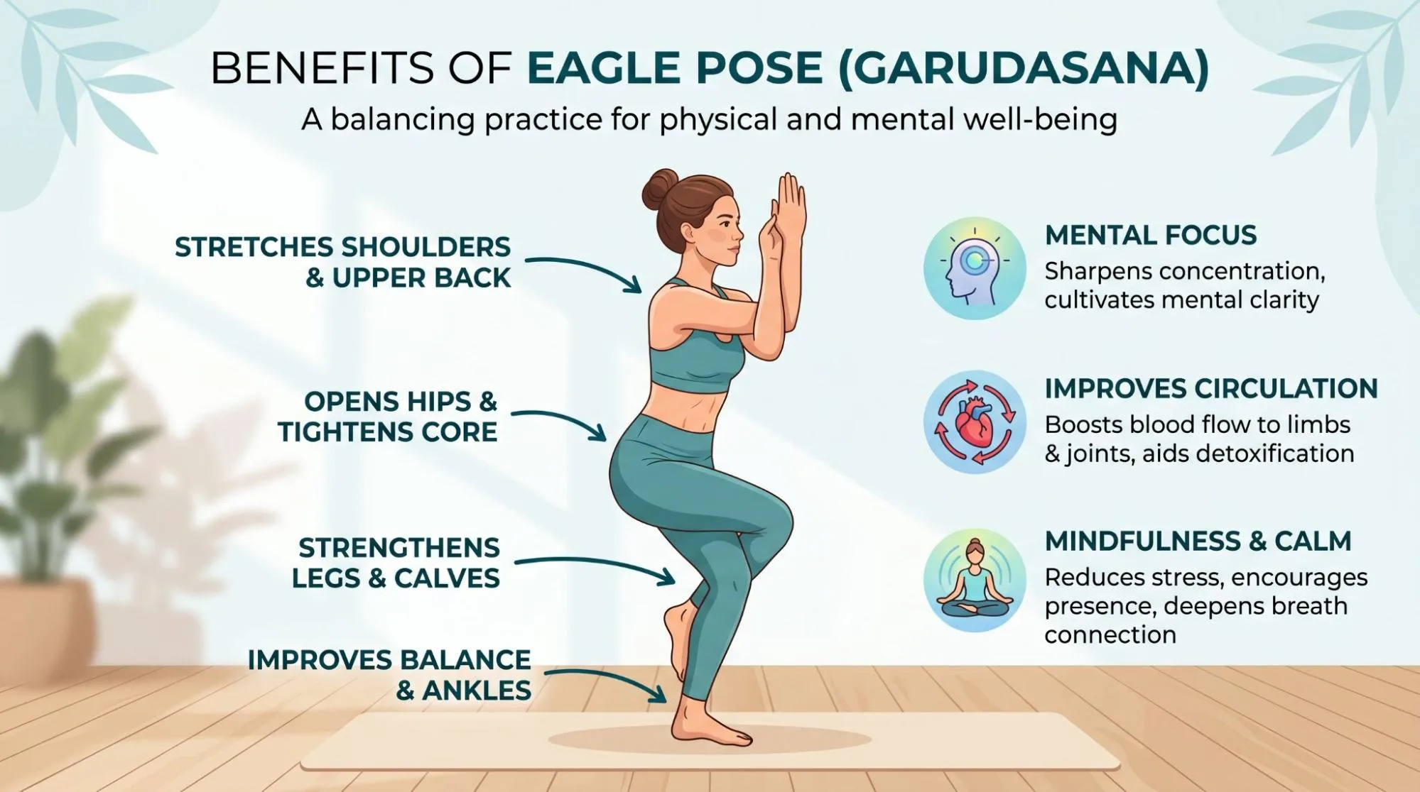 Eagle Pose yoga benefits and steps demonstration by a woman practicing Garudasana for balance and flexibility.