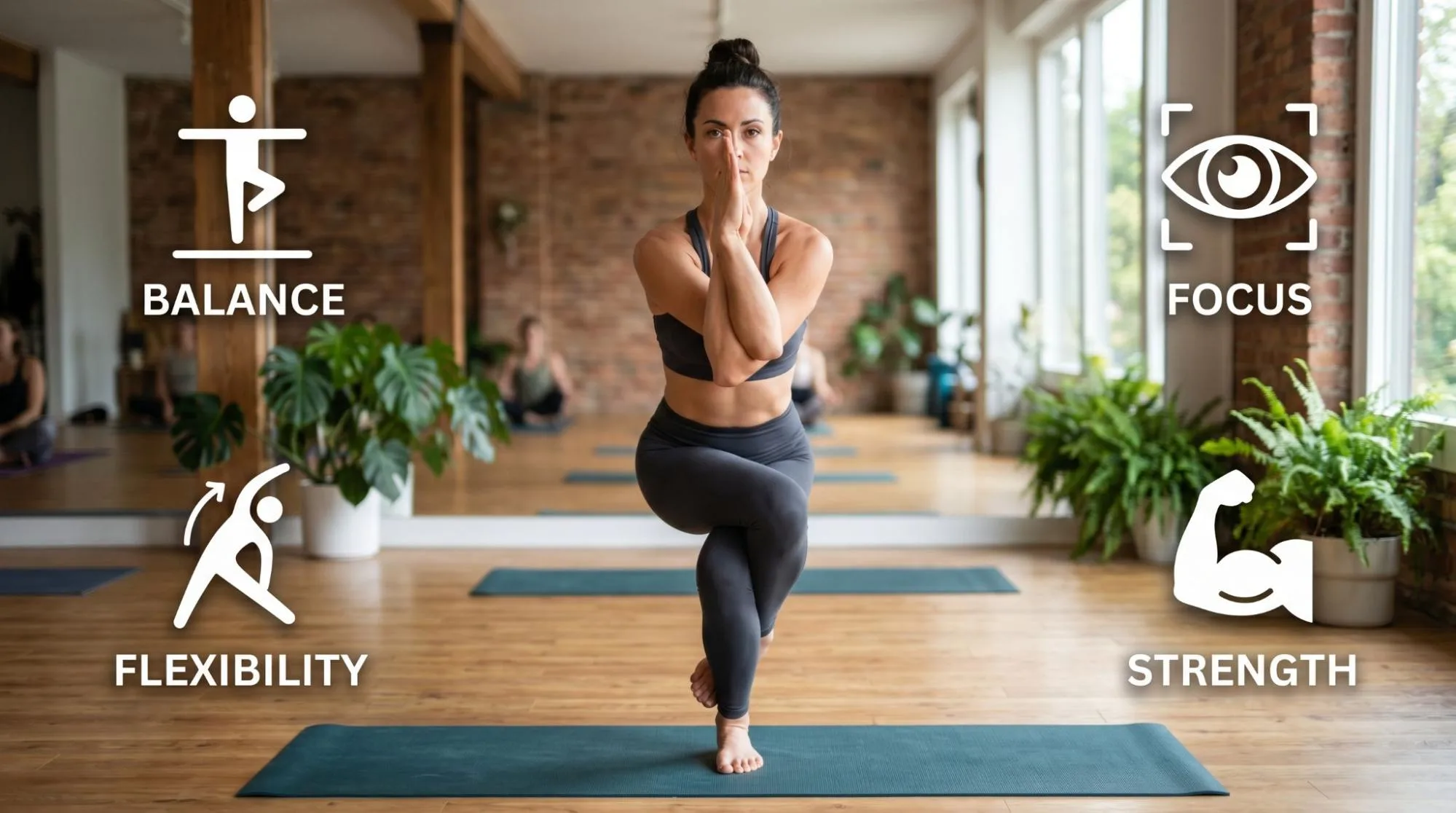 Eagle Pose yoga benefits and steps demonstration by a woman practicing Garudasana for balance and flexibility.