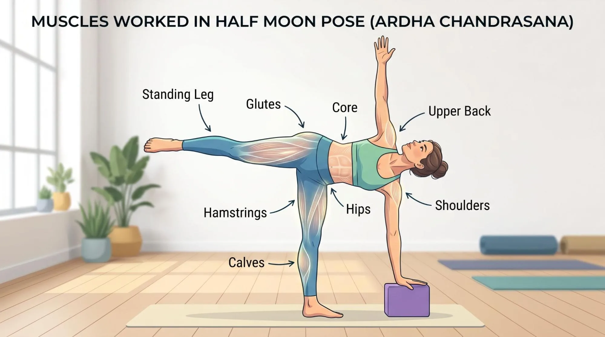 Half Moon Pose yoga posture showing beginner-friendly balance, hip opening, and proper body alignment.