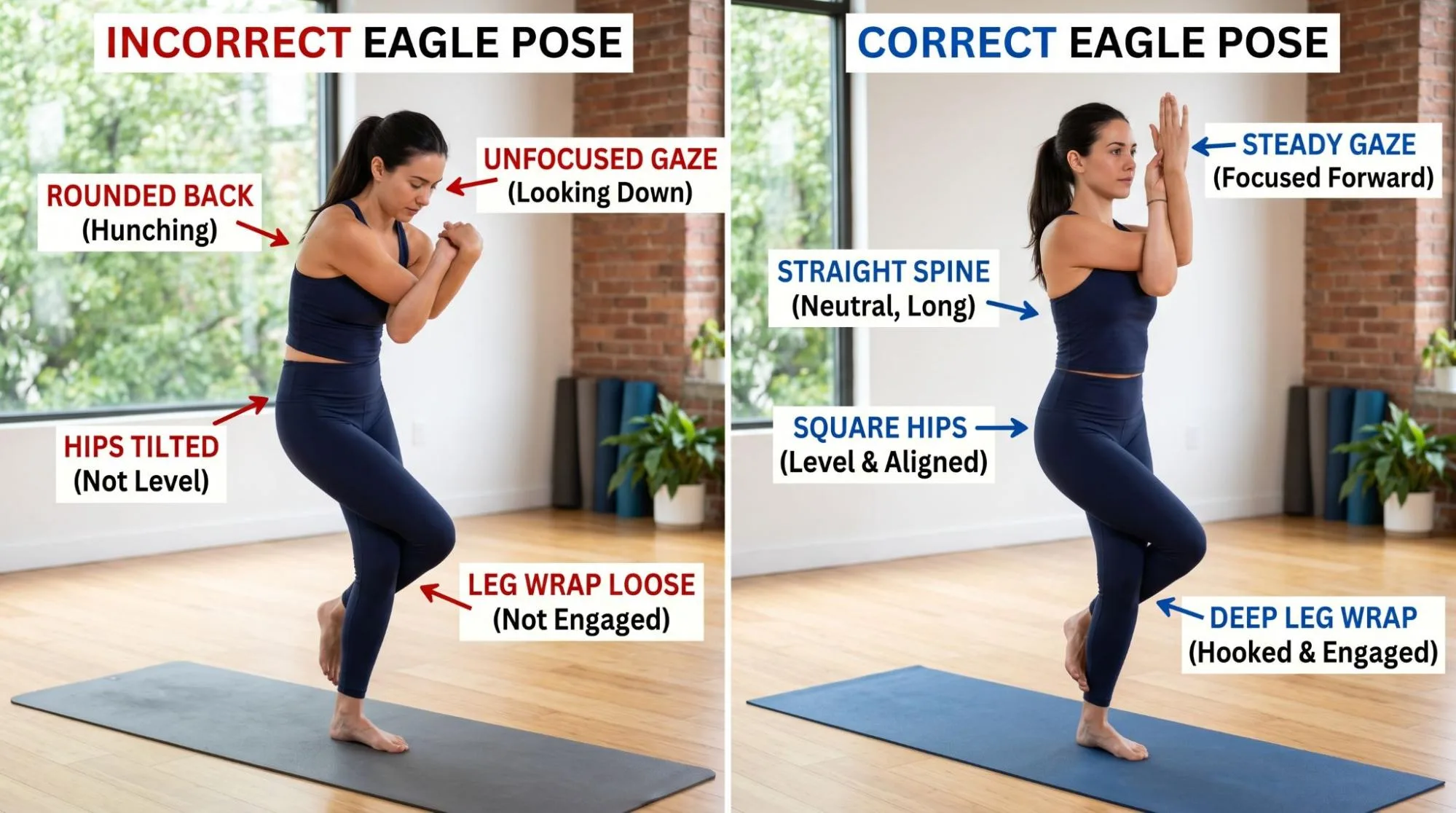 Eagle Pose yoga benefits and steps demonstration by a woman practicing Garudasana for balance and flexibility.