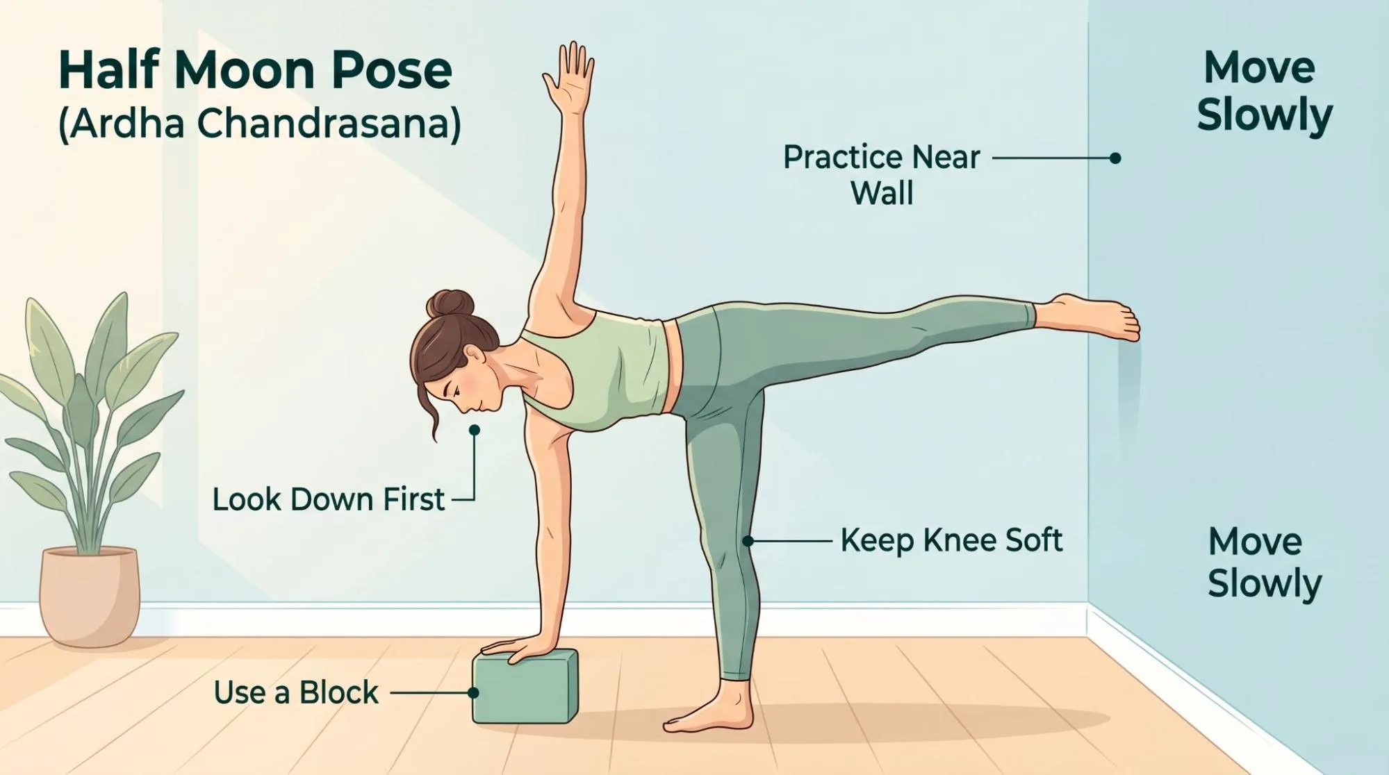 Half Moon Pose yoga posture showing beginner-friendly balance, hip opening, and proper body alignment.