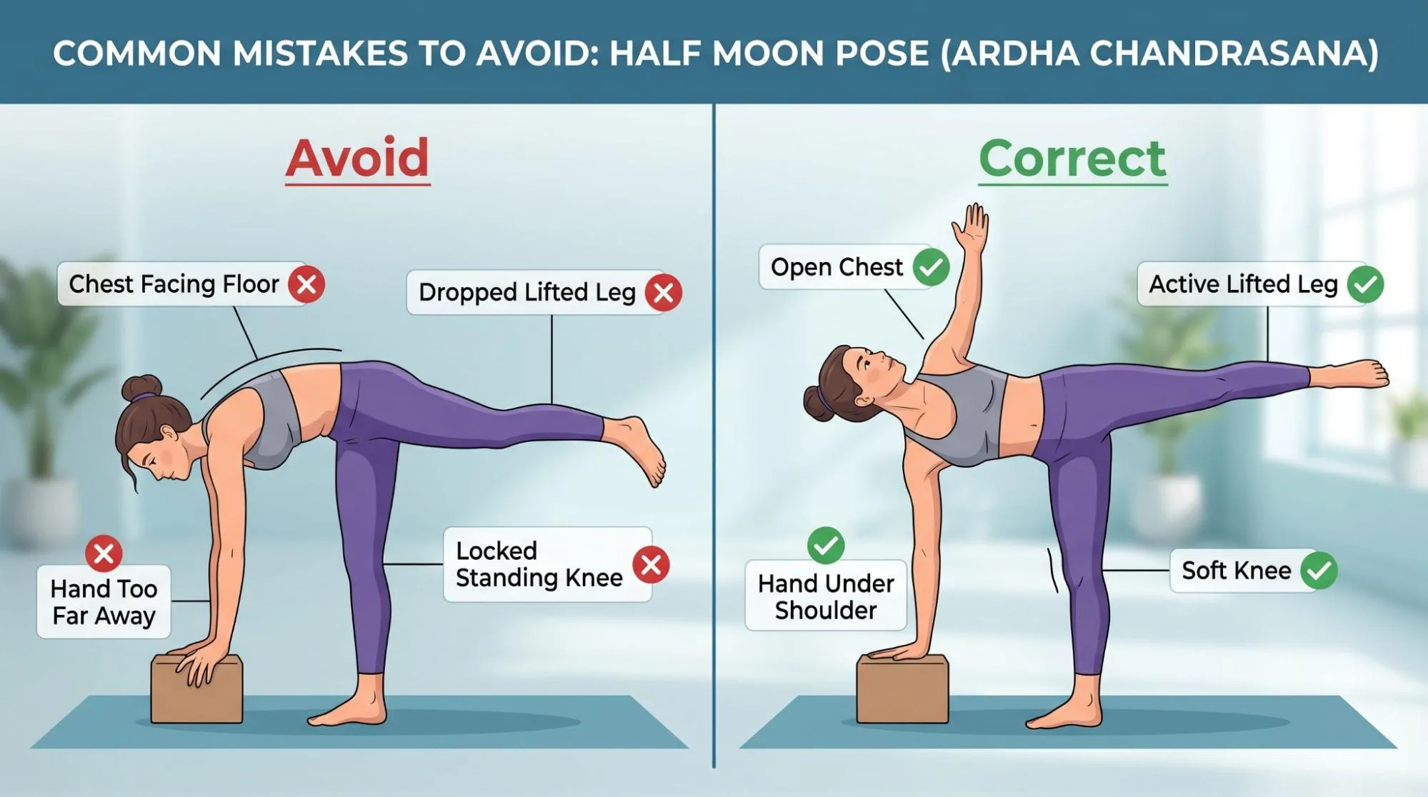 Half Moon Pose yoga posture showing beginner-friendly balance, hip opening, and proper body alignment.
