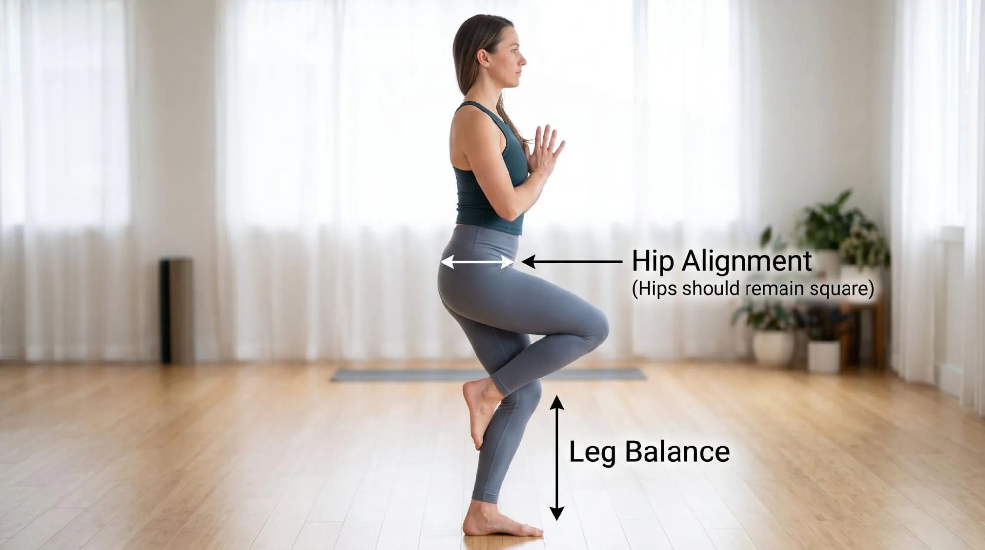 Eagle Pose yoga benefits and steps demonstration by a woman practicing Garudasana for balance and flexibility.