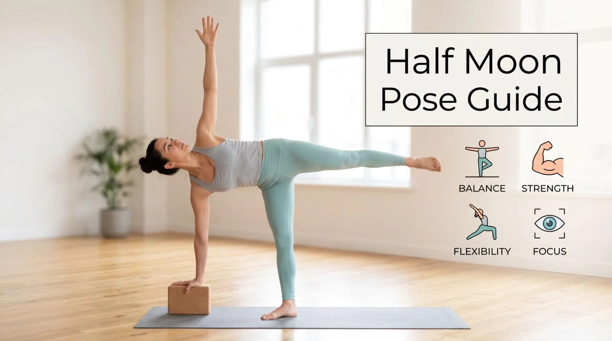 Half Moon Pose yoga posture showing beginner-friendly balance, hip opening, and proper body alignment.