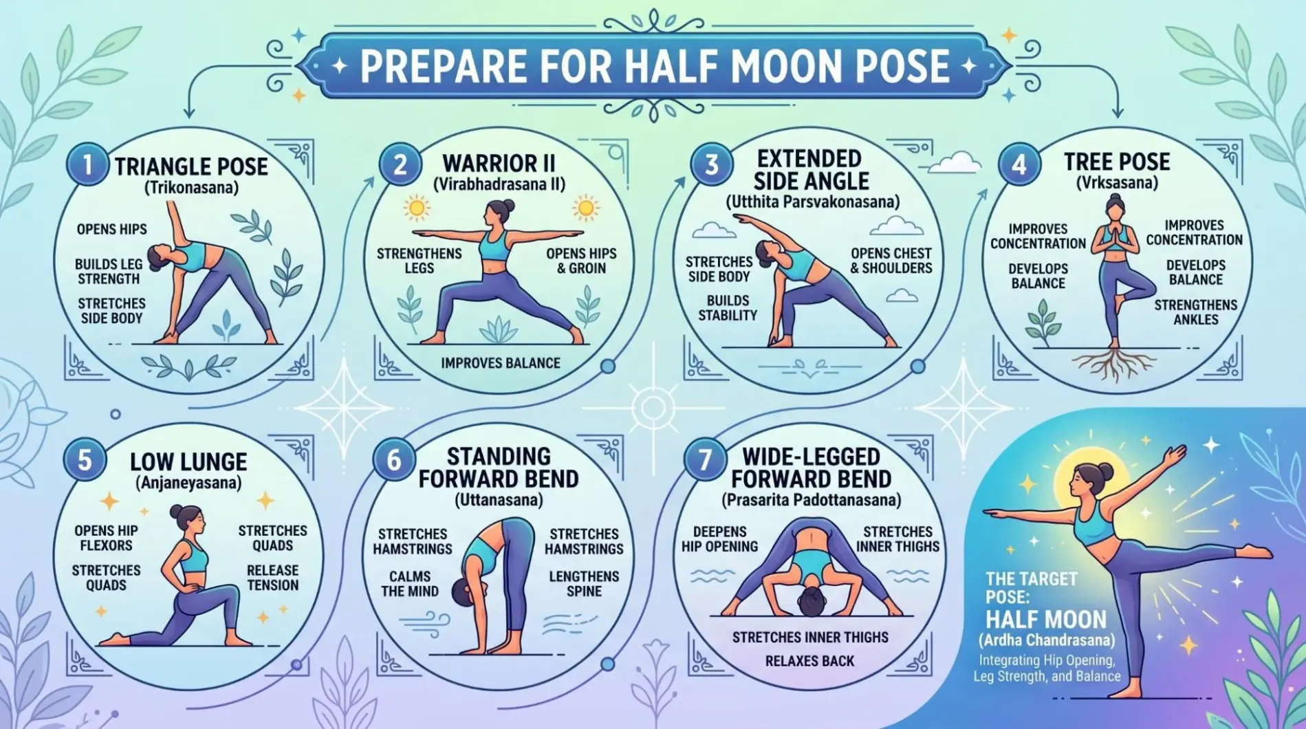Half Moon Pose yoga posture showing beginner-friendly balance, hip opening, and proper body alignment.