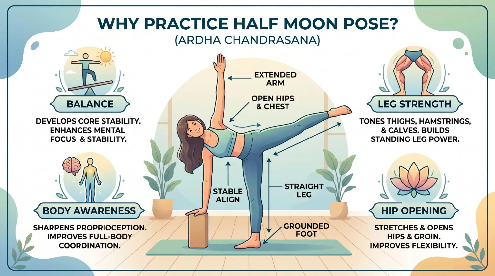 Half Moon Pose yoga posture showing beginner-friendly balance, hip opening, and proper body alignment.