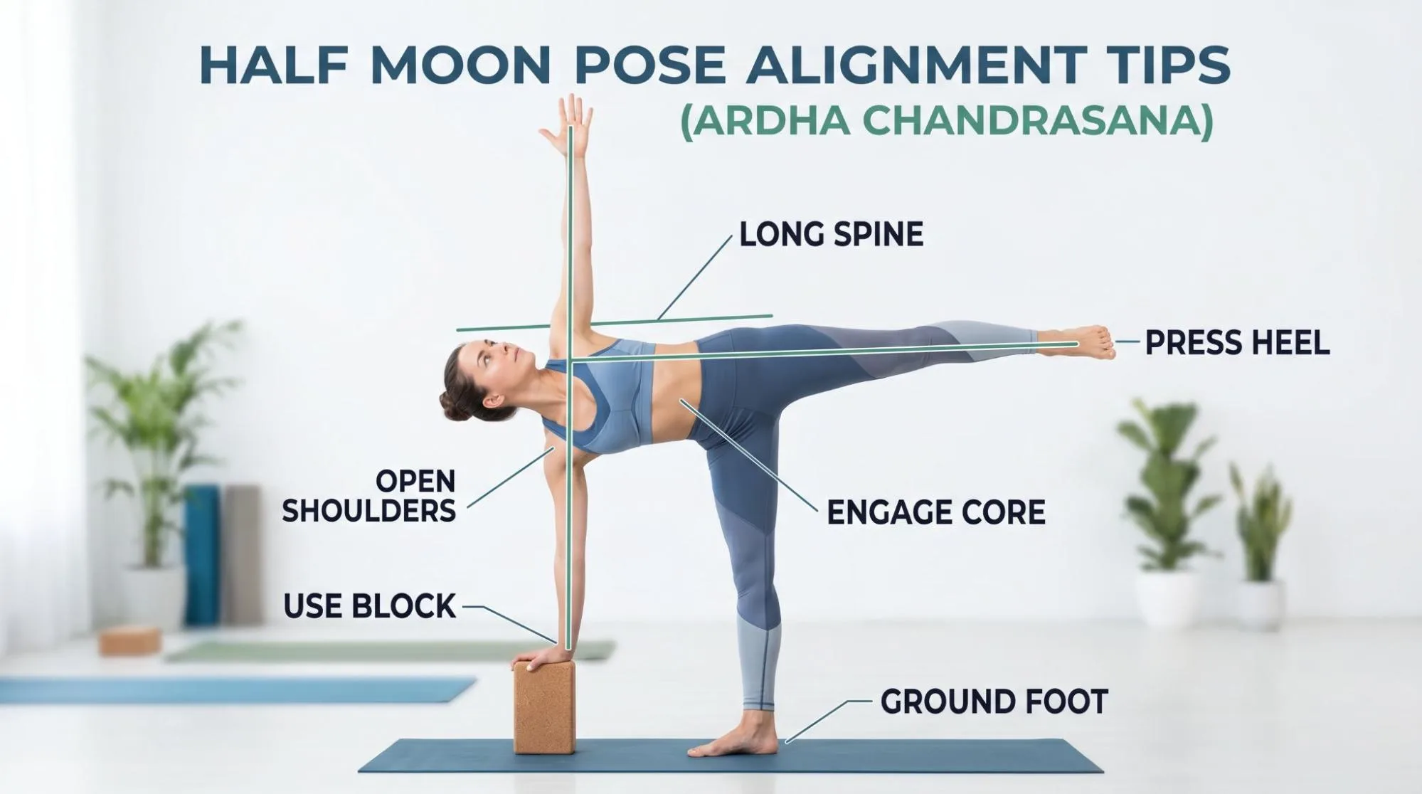 Half Moon Pose yoga posture showing beginner-friendly balance, hip opening, and proper body alignment.