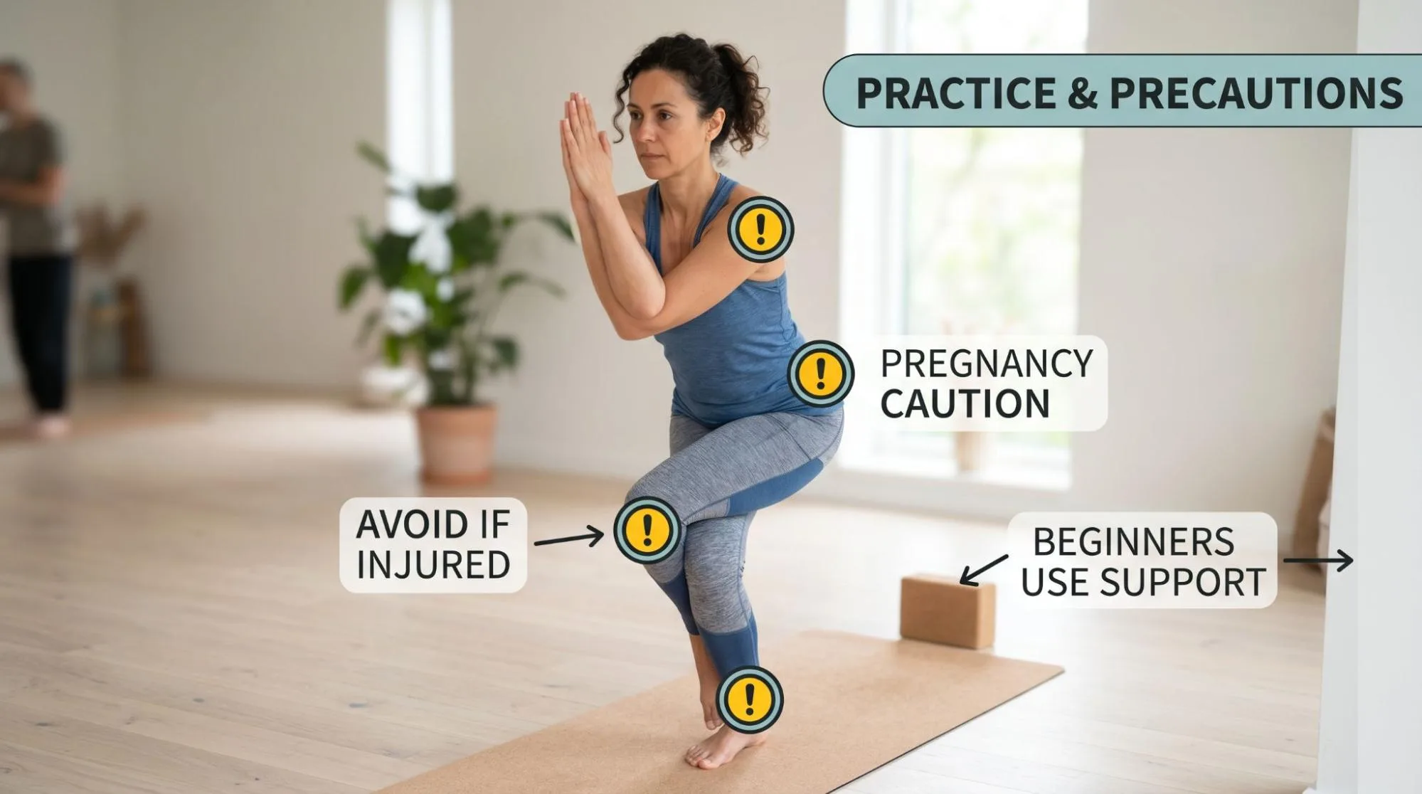 Eagle Pose yoga benefits and steps demonstration by a woman practicing Garudasana for balance and flexibility.
