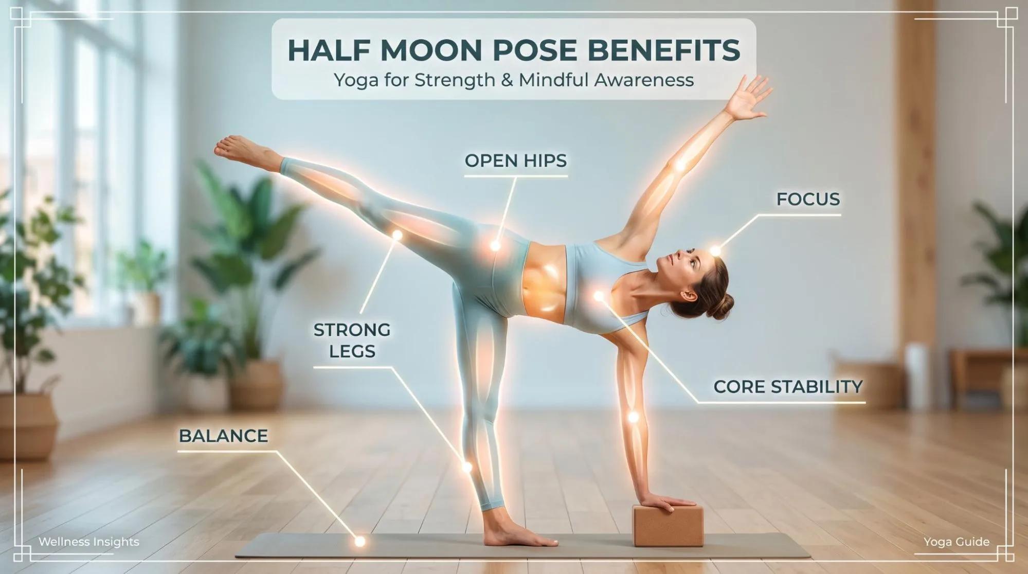 Half Moon Pose yoga posture showing beginner-friendly balance, hip opening, and proper body alignment.