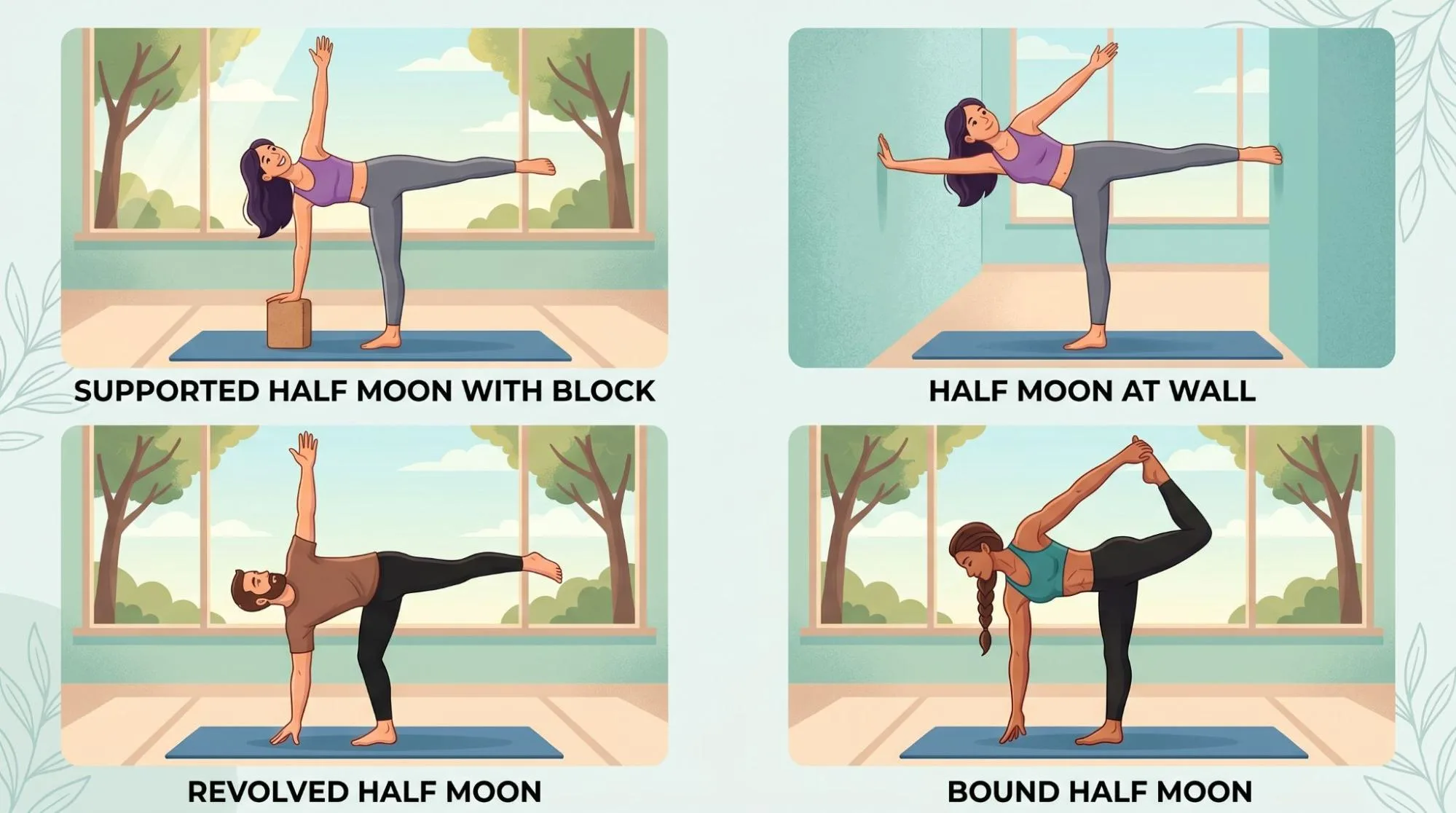 Half Moon Pose yoga posture showing beginner-friendly balance, hip opening, and proper body alignment.
