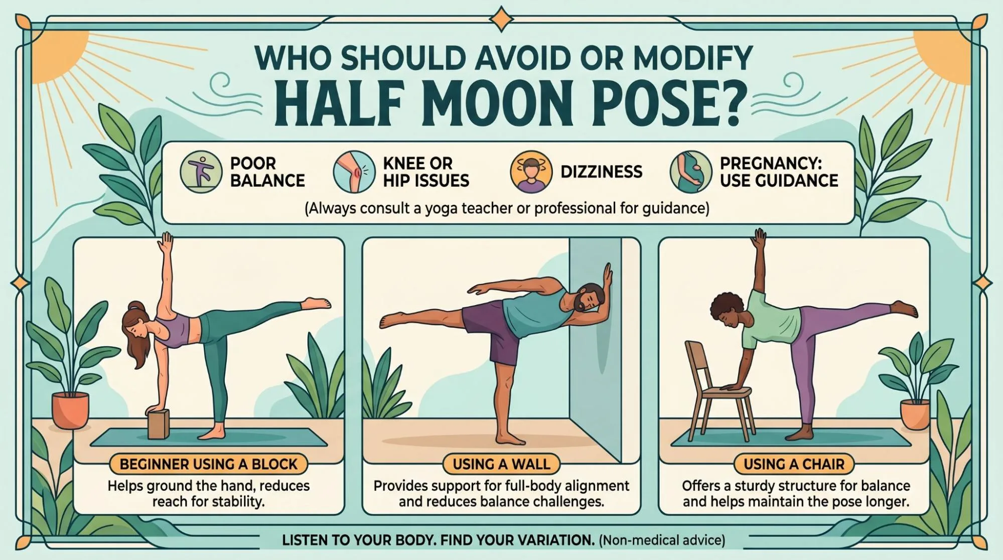 Half Moon Pose yoga posture showing beginner-friendly balance, hip opening, and proper body alignment.