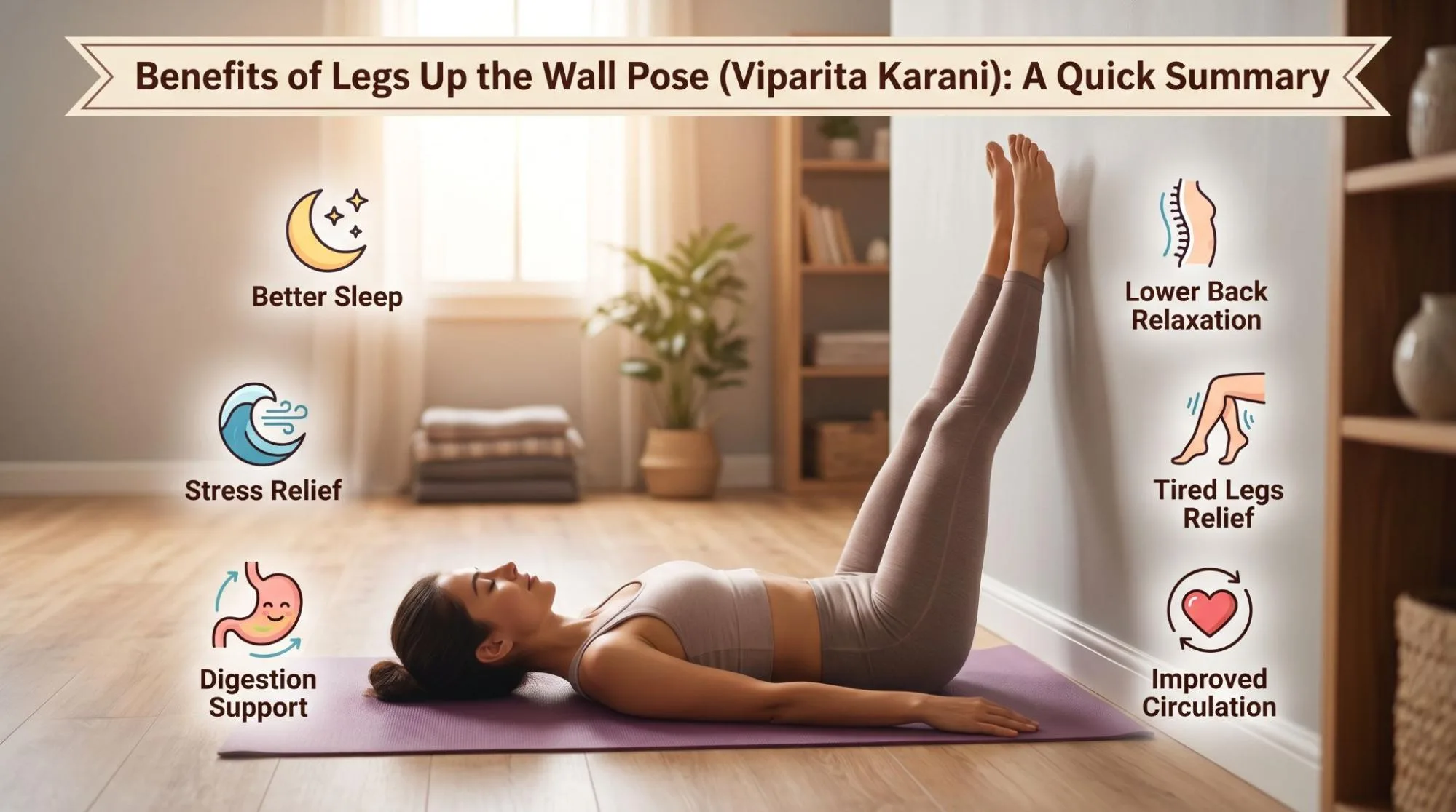 "Person practicing Legs Up the Wall Pose (Viparita Karani) on a yoga mat with legs elevated against a wall for relaxation and circulation benefits"