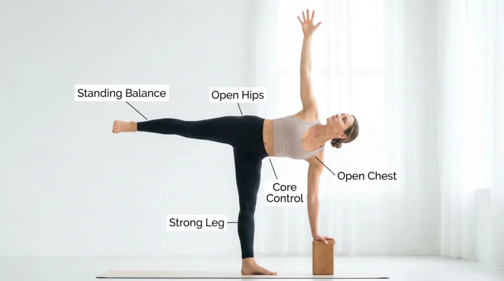 Half Moon Pose yoga posture showing balance, hip opening, and body alignment for beginners
