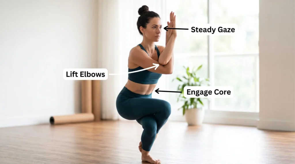 Eagle Pose yoga benefits and steps demonstration by a woman practicing Garudasana for balance and flexibility.