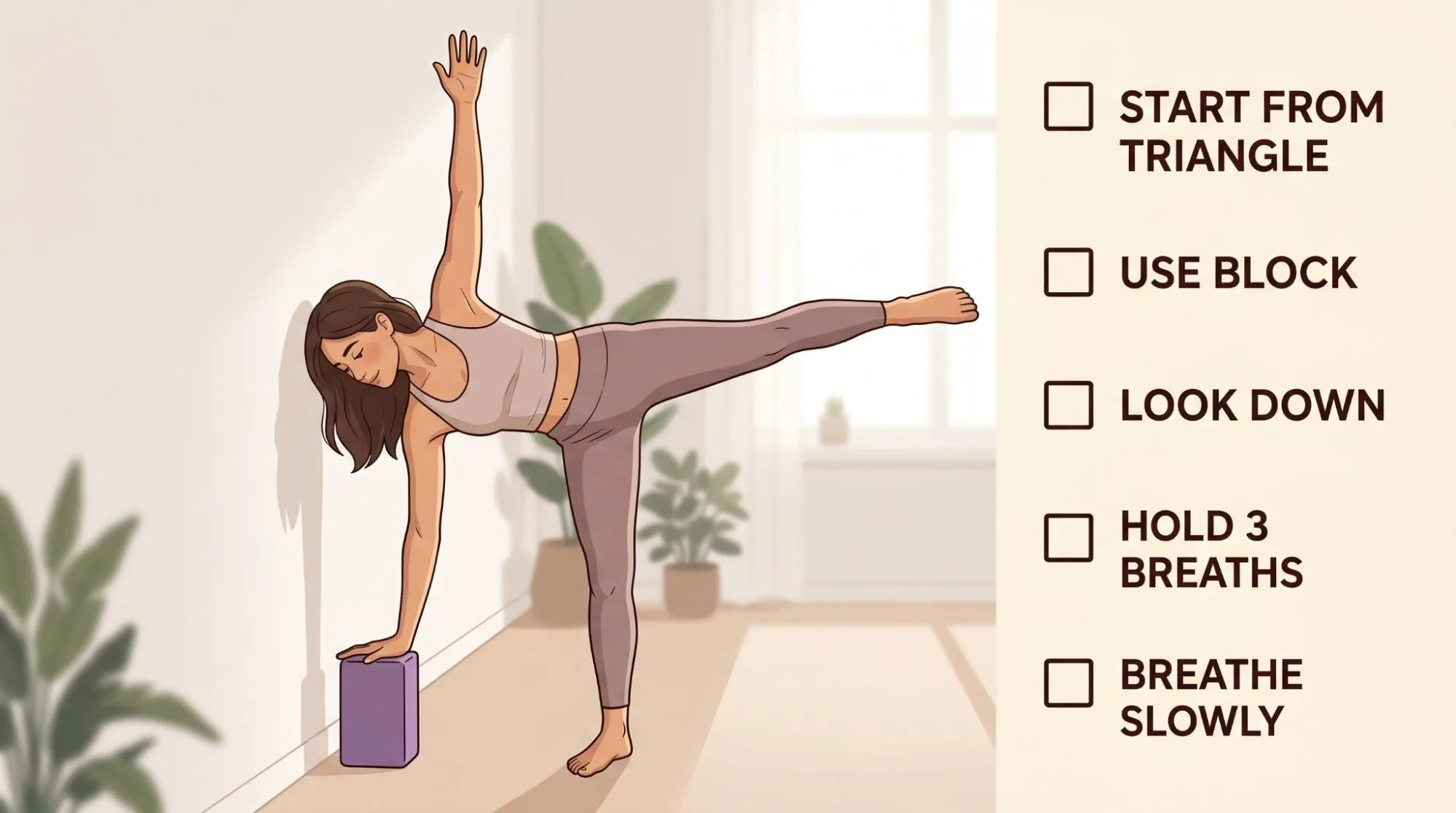 Half Moon Pose yoga posture showing beginner-friendly balance, hip opening, and proper body alignment.