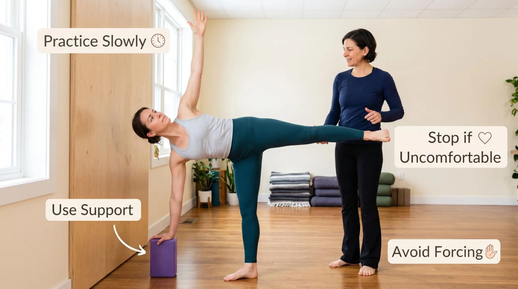 Half Moon Pose yoga posture showing beginner-friendly balance, hip opening, and proper body alignment.