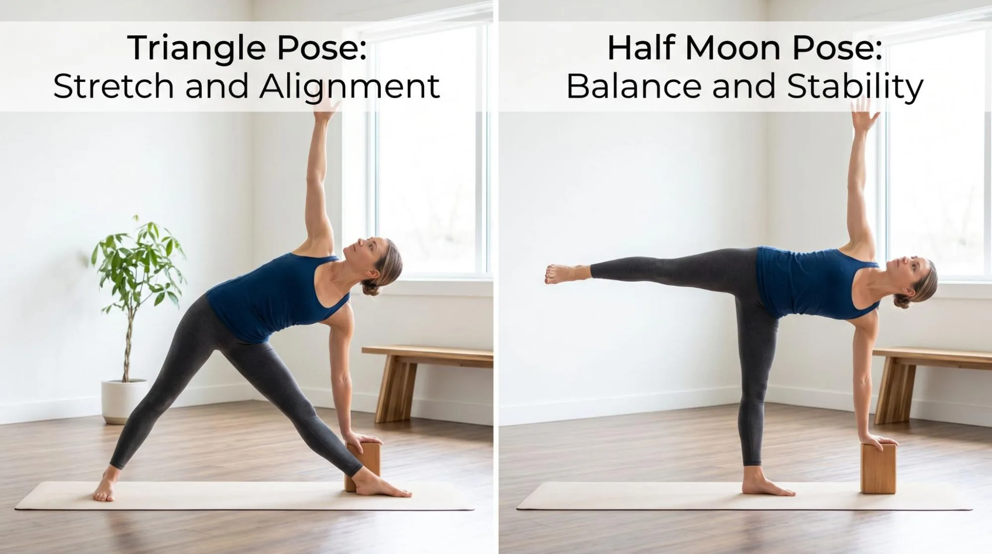 Half Moon Pose yoga posture showing beginner-friendly balance, hip opening, and proper body alignment.