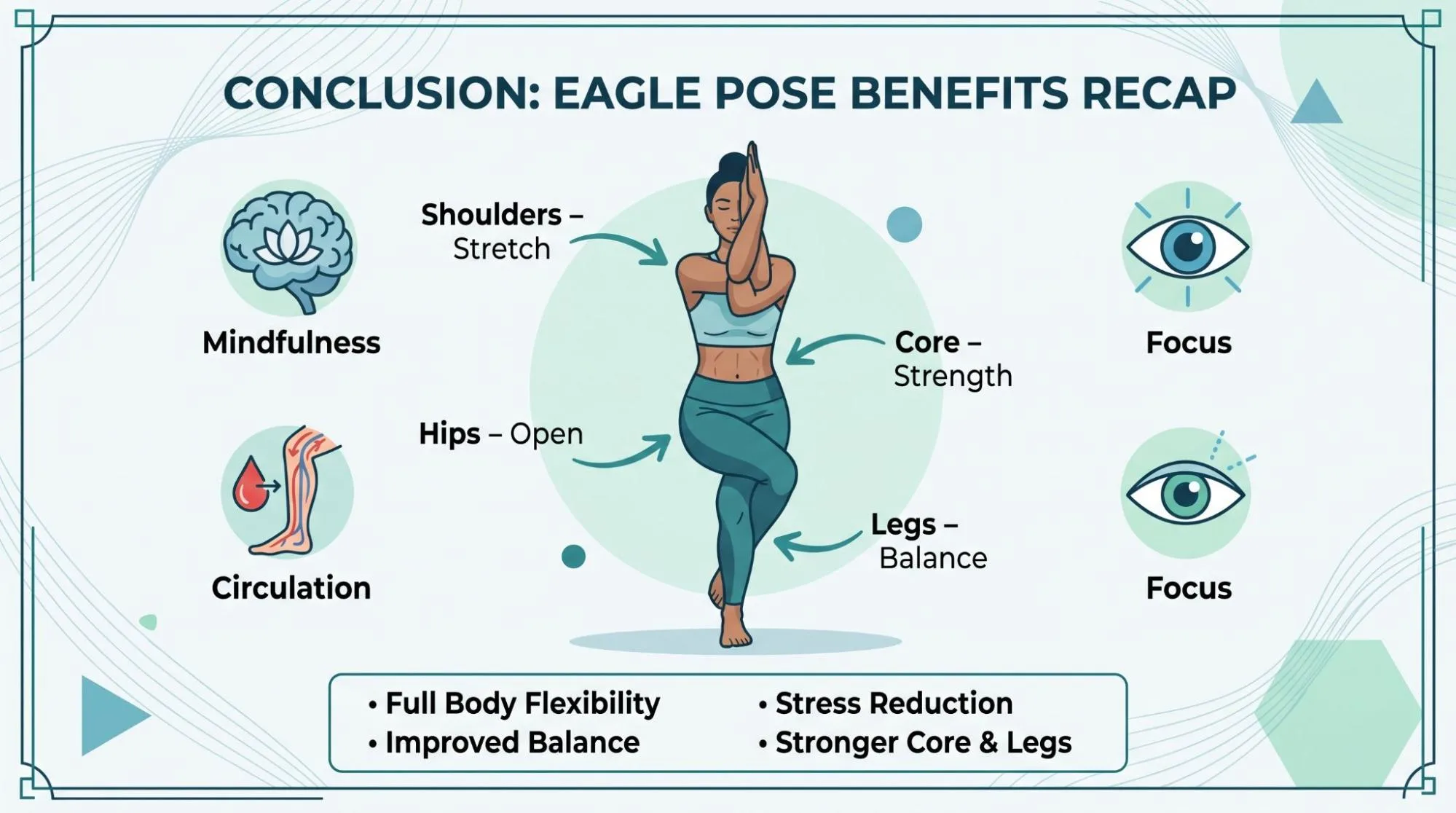 Eagle Pose yoga benefits and steps demonstration by a woman practicing Garudasana for balance and flexibility.